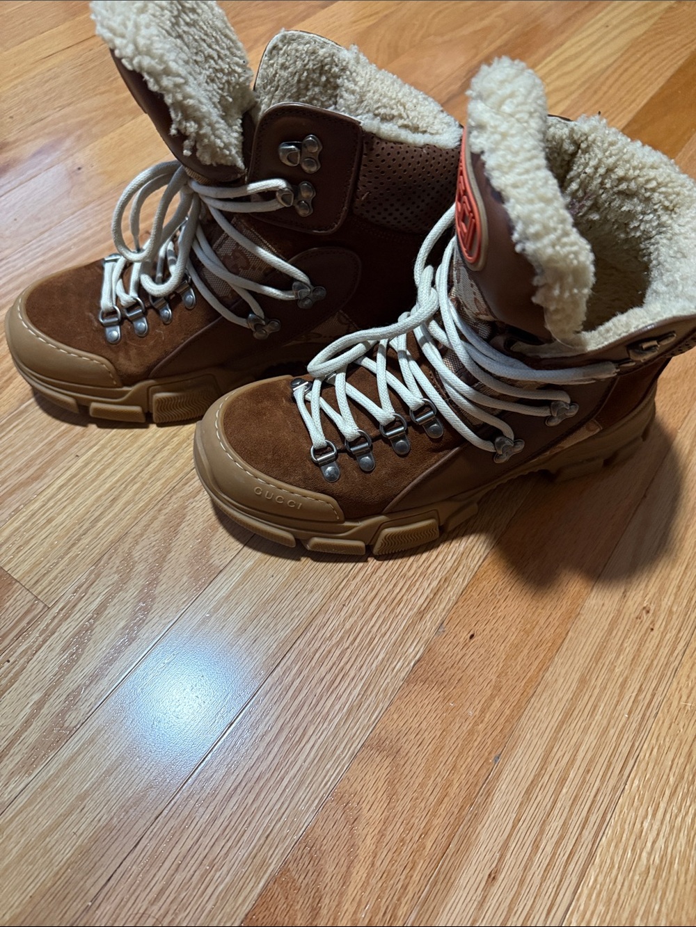 Gucci Brown Shearling-Trim Lace-Up Boots - Picture 2 of 3